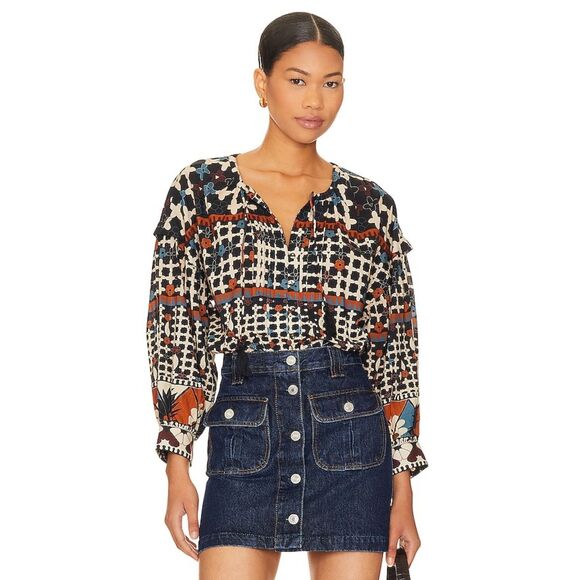 NWT Cleobella Edith Long Sleeve Blouse in Deco Black Blue Orange Cream Size S - Picture 4 of 13